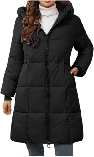 Womens Hooded Puffer Coat Winter Warm Quilted Down Coat Mid-Length Full Zip Lightweight Jacket Outerwear With Pockets