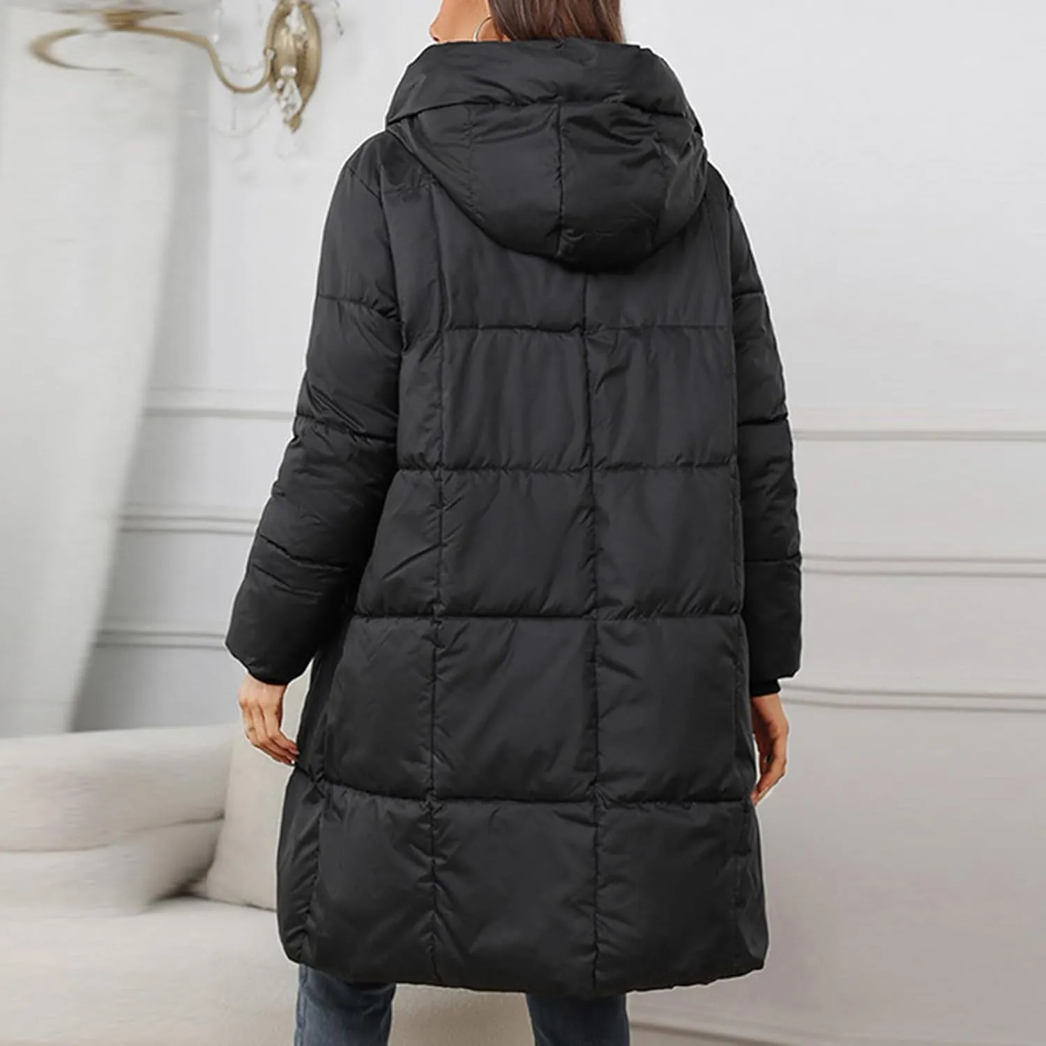 Womens Hooded Puffer Coat Winter Warm Quilted Down Coat Mid-Length Full Zip Lightweight Jacket Outerwear With Pockets