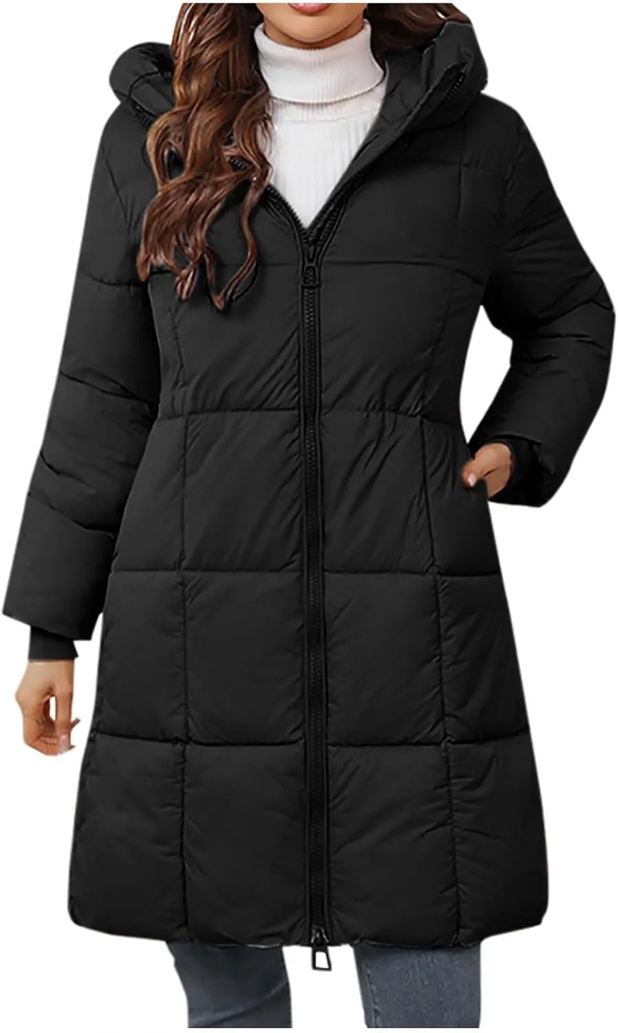 Womens Hooded Puffer Coat Winter Warm Quilted Down Coat Mid-Length Full Zip Lightweight Jacket Outerwear With Pockets