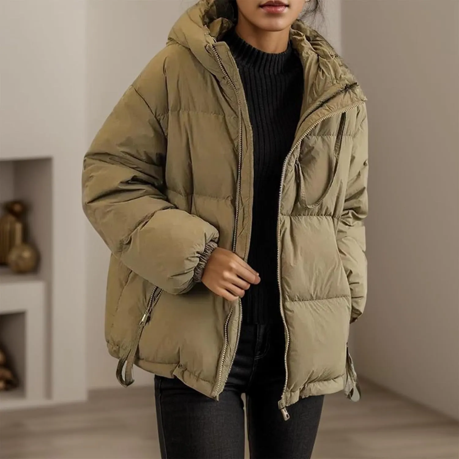 Womens Hooded Puffer Jacket Oversized Quilted Down Coat Lightweight Water Resistant Casual Outerwear for Warm Winter
