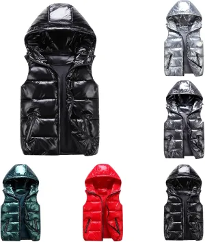 Women's Hooded Shiny Insulated Puffer Vest Sleeveless Down Puffer Jacket Unisex 2024 Winter Thermal Down Sleeveless Coat