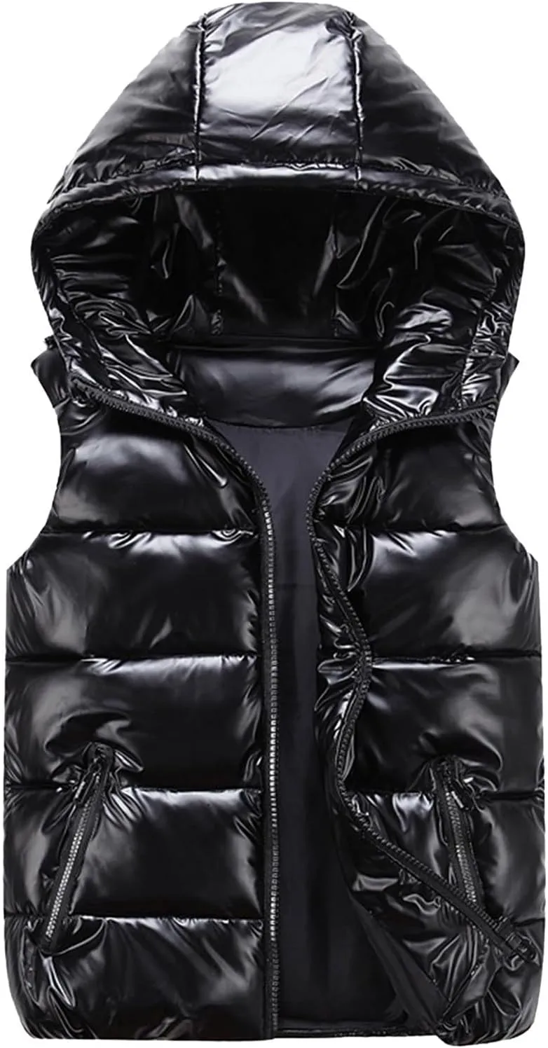 Women's Hooded Shiny Insulated Puffer Vest Sleeveless Down Puffer Jacket Unisex 2024 Winter Thermal Down Sleeveless Coat