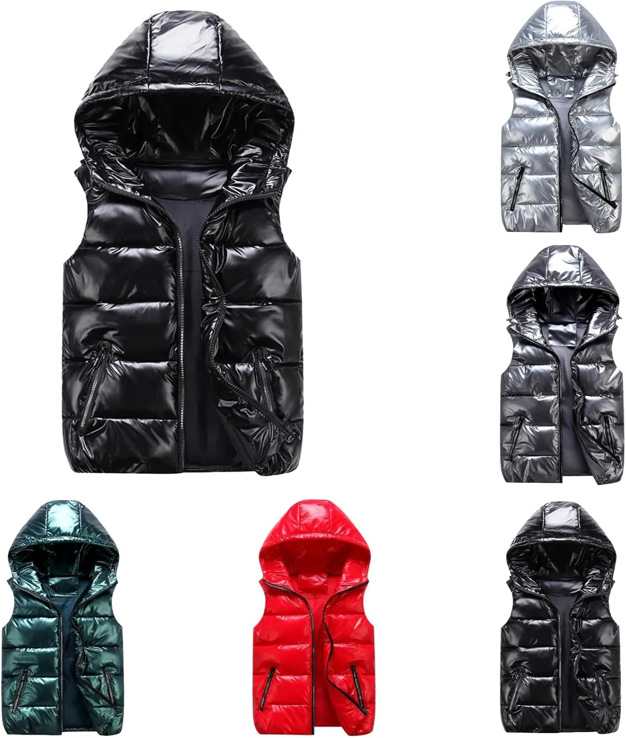 Women's Hooded Shiny Insulated Puffer Vest Sleeveless Down Puffer Jacket Unisex 2024 Winter Thermal Down Sleeveless Coat