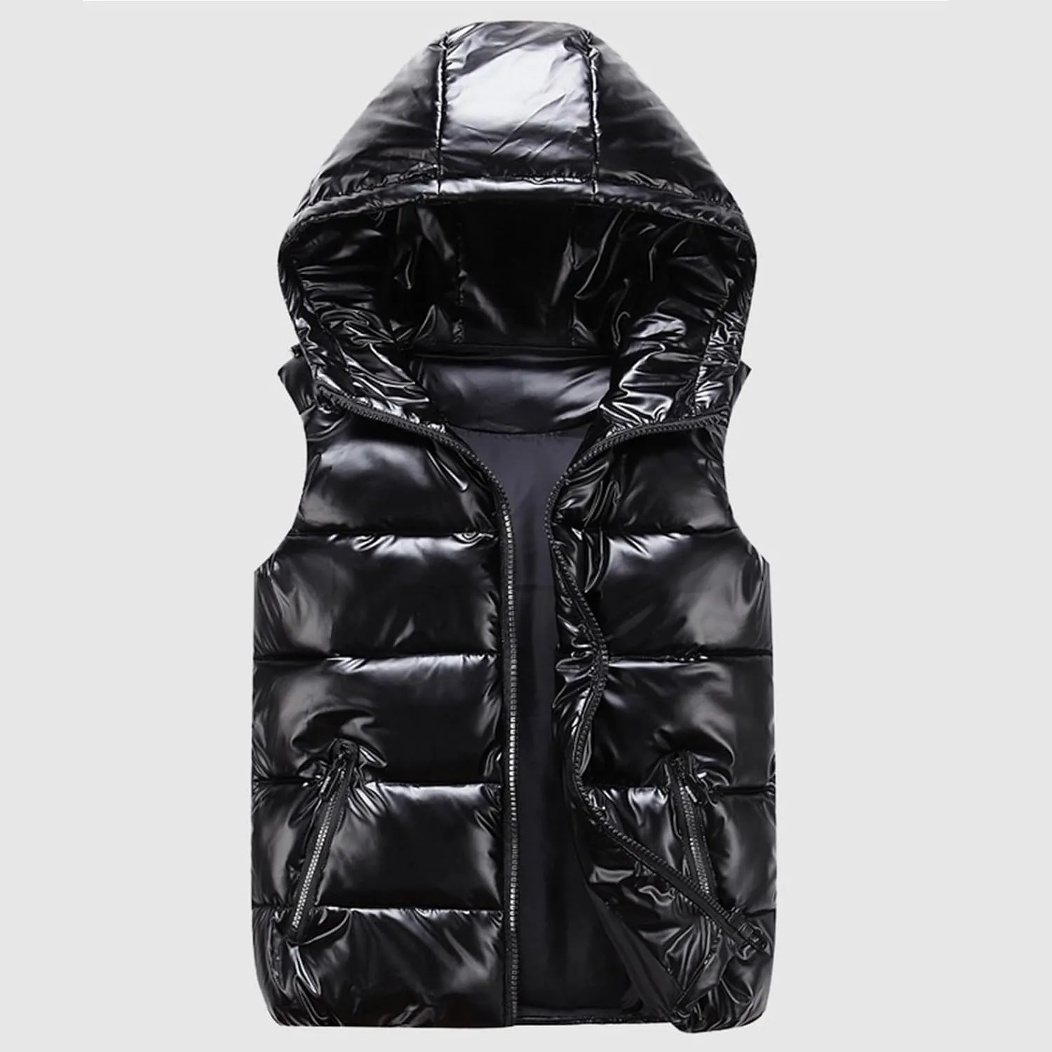 Women's Hooded Shiny Insulated Puffer Vest Sleeveless Down Puffer Jacket Unisex 2024 Winter Thermal Down Sleeveless Coat