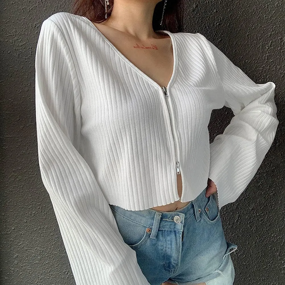 Women's Knitted Sweater Deep V-Neck Long Sleeve Sexy Loose Comfortable Pullover Short Sweater Lightweight Crop Top T-Shirt