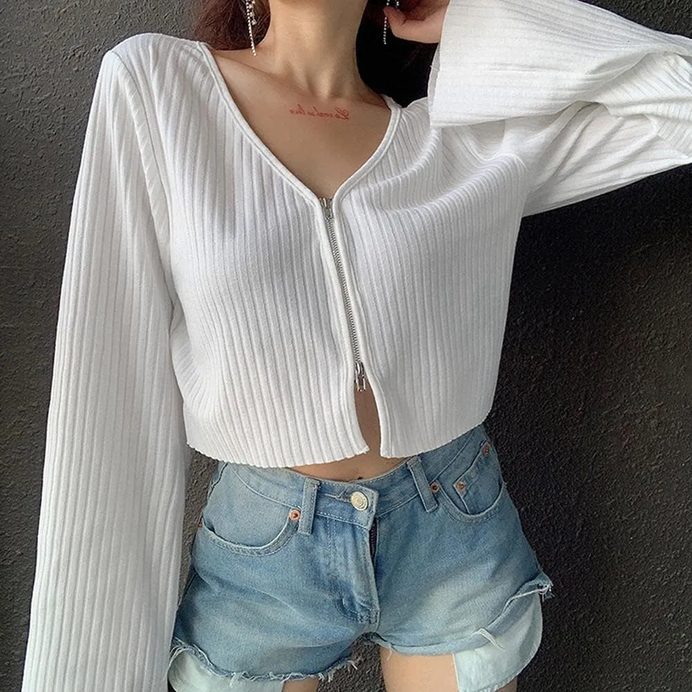 Women's Knitted Sweater Deep V-Neck Long Sleeve Sexy Loose Comfortable Pullover Short Sweater Lightweight Crop Top T-Shirt
