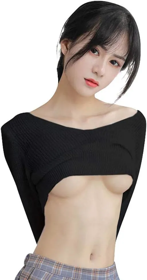 Women's Knitted Sweater Deep V-Neck Long Sleeve Sexy Loose Comfortable Pullover Short Sweater Lightweight Crop Top T-Shirt
