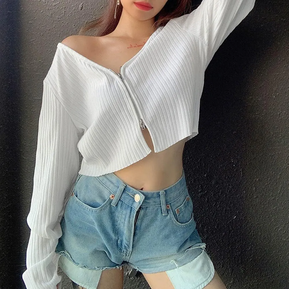 Women's Knitted Sweater Deep V-Neck Long Sleeve Sexy Loose Comfortable Pullover Short Sweater Lightweight Crop Top T-Shirt