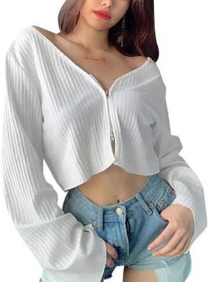 Women's Knitted Sweater Deep V-Neck Long Sleeve Sexy Loose Comfortable Pullover Short Sweater Lightweight Crop Top T-Shirt