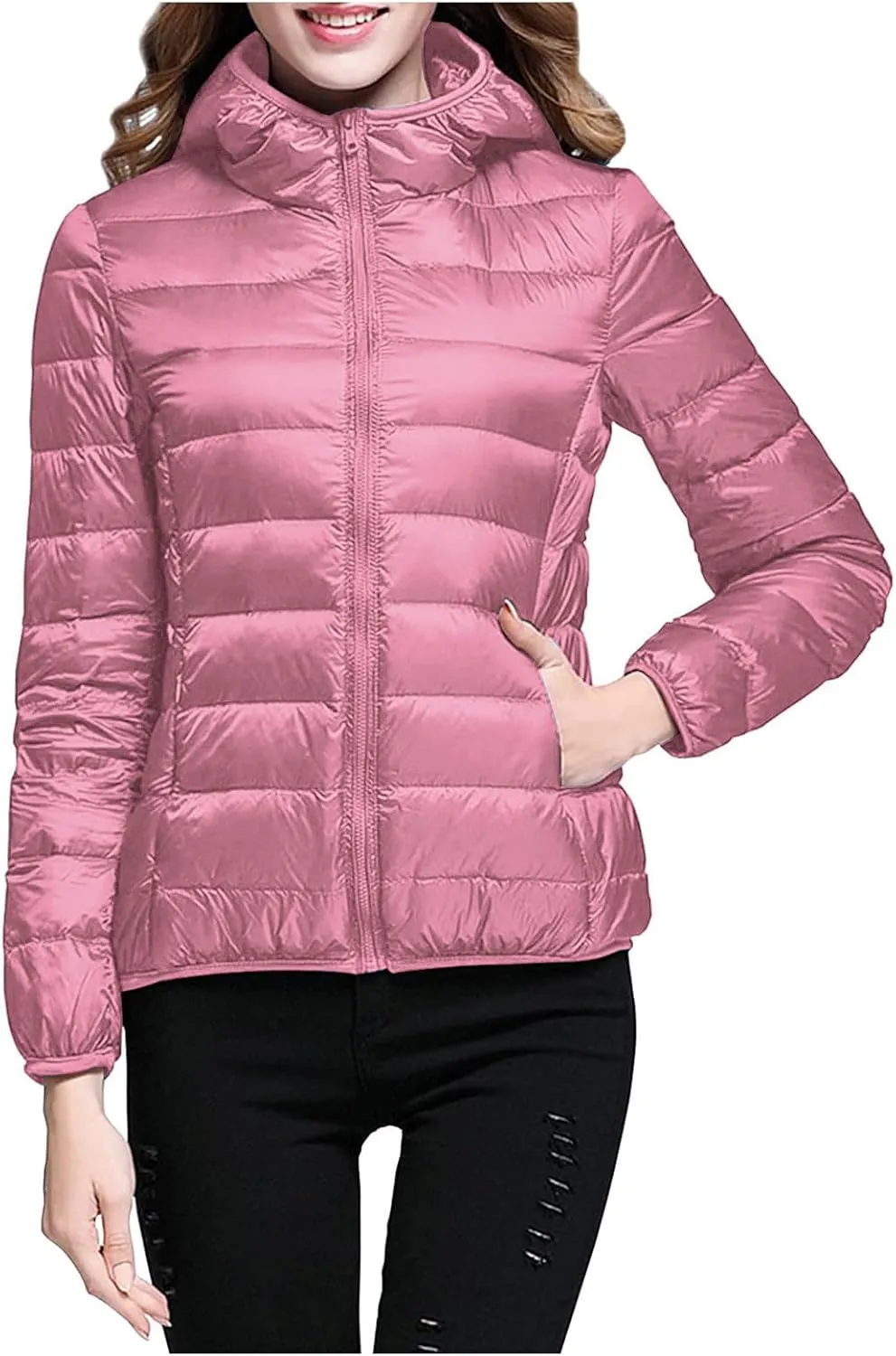 Womens Lightweight Down Jacket Duck Winter Puffer Coats Zipper Hooded Packable Waterproof Warm Winter Outerwear