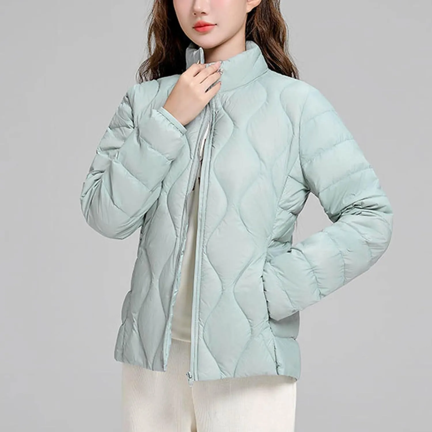 Women's Lightweight Puffer Jacket Plus Size Stand Collar Quilted Down Coat Winter Warm Jackets Outwear with Pockets