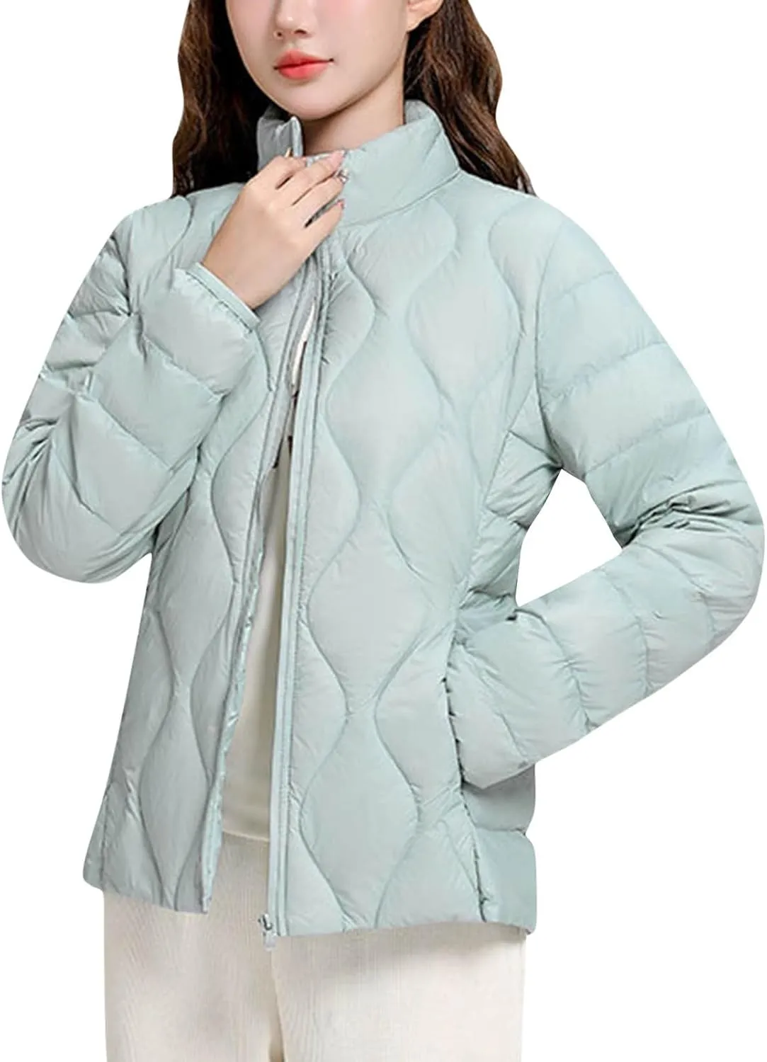 Women's Lightweight Puffer Jacket Plus Size Stand Collar Quilted Down Coat Winter Warm Jackets Outwear with Pockets