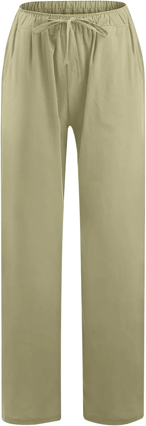 Womens Linen Pants Casual Loose Wide Leg Pants High Elastic Waist Drawstring Flowy Palazzo Pants Summer Beach Pants
