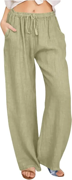 Womens Linen Pants Casual Loose Wide Leg Pants High Elastic Waist Drawstring Flowy Palazzo Pants Summer Beach Pants