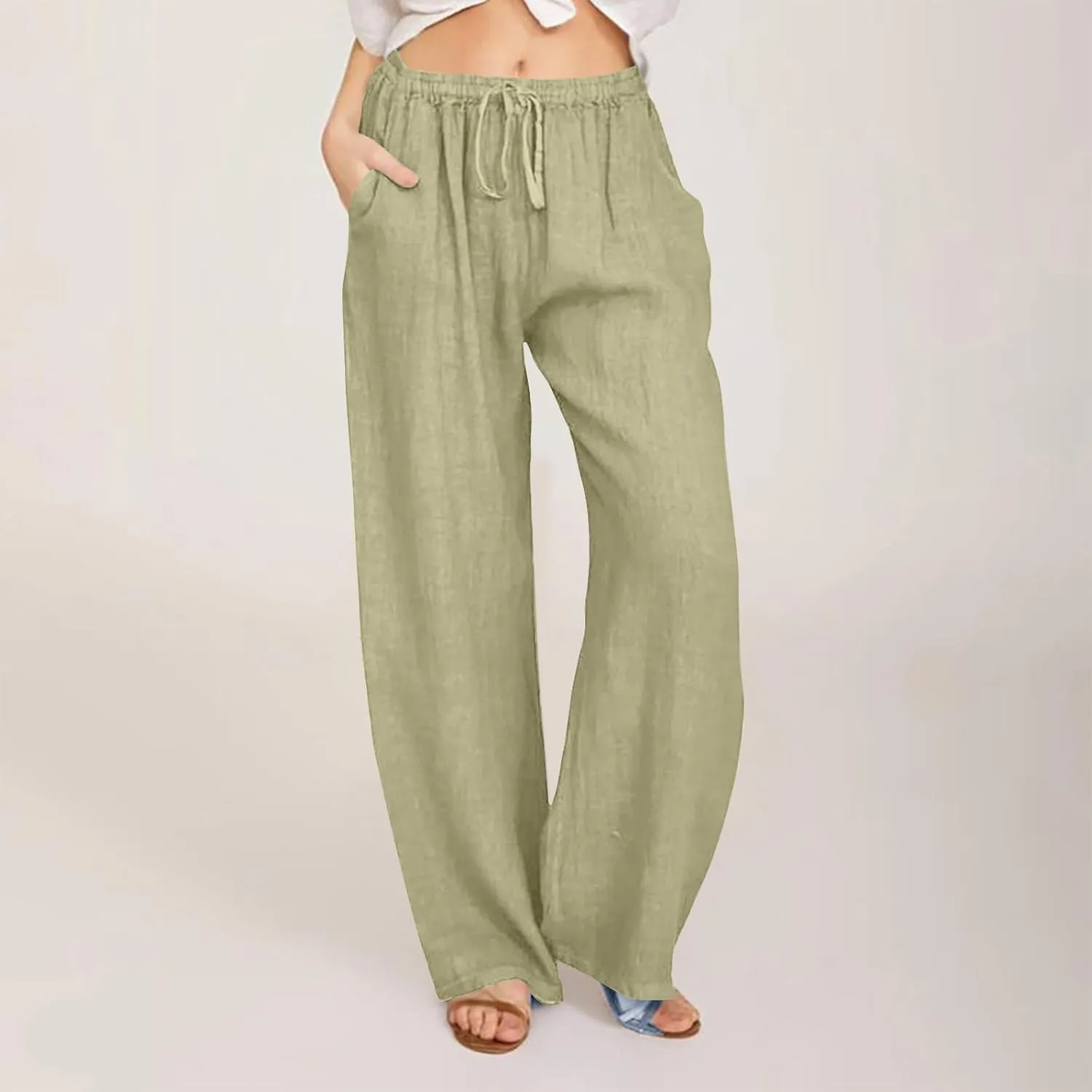 Womens Linen Pants Casual Loose Wide Leg Pants High Elastic Waist Drawstring Flowy Palazzo Pants Summer Beach Pants