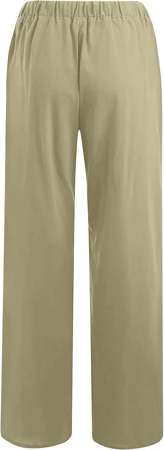 Womens Linen Pants Casual Loose Wide Leg Pants High Elastic Waist Drawstring Flowy Palazzo Pants Summer Beach Pants