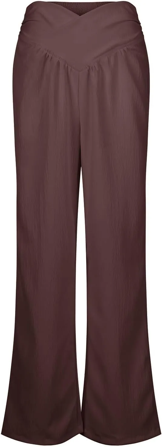 Womens Linen Pants Flowy Crossover Wide Leg Pants Palazzo Pants with Pockets High Waisted Summer Beach Pants 2024
