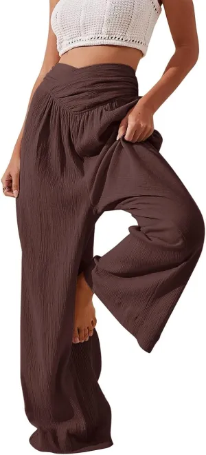 Womens Linen Pants Flowy Crossover Wide Leg Pants Palazzo Pants with Pockets High Waisted Summer Beach Pants 2024