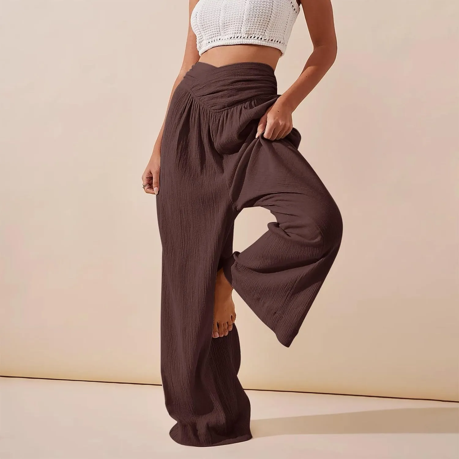 Womens Linen Pants Flowy Crossover Wide Leg Pants Palazzo Pants with Pockets High Waisted Summer Beach Pants 2024