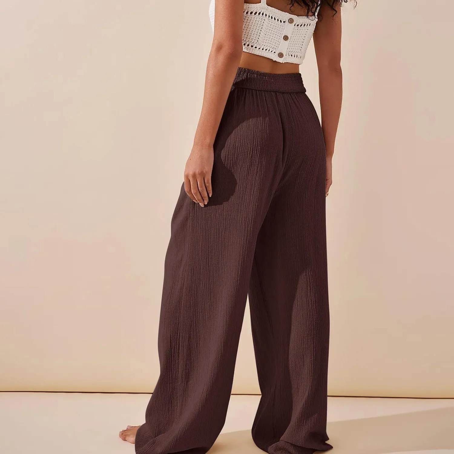 Womens Linen Pants Flowy Crossover Wide Leg Pants Palazzo Pants with Pockets High Waisted Summer Beach Pants 2024