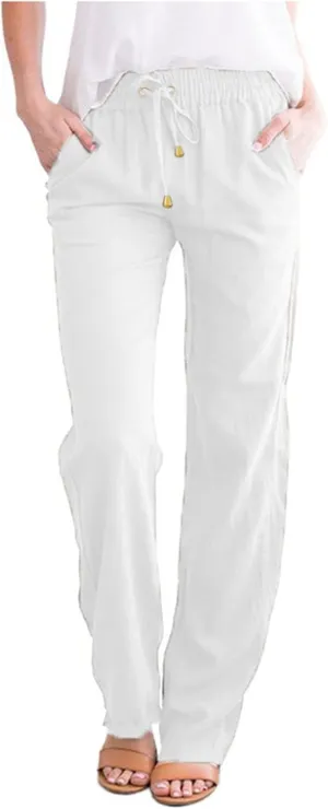 Womens Linen Pants High Waisted Casual Pants Straight Leg Drawstring Pants with Pockets Summer Beach Palazzo Pants Trousers