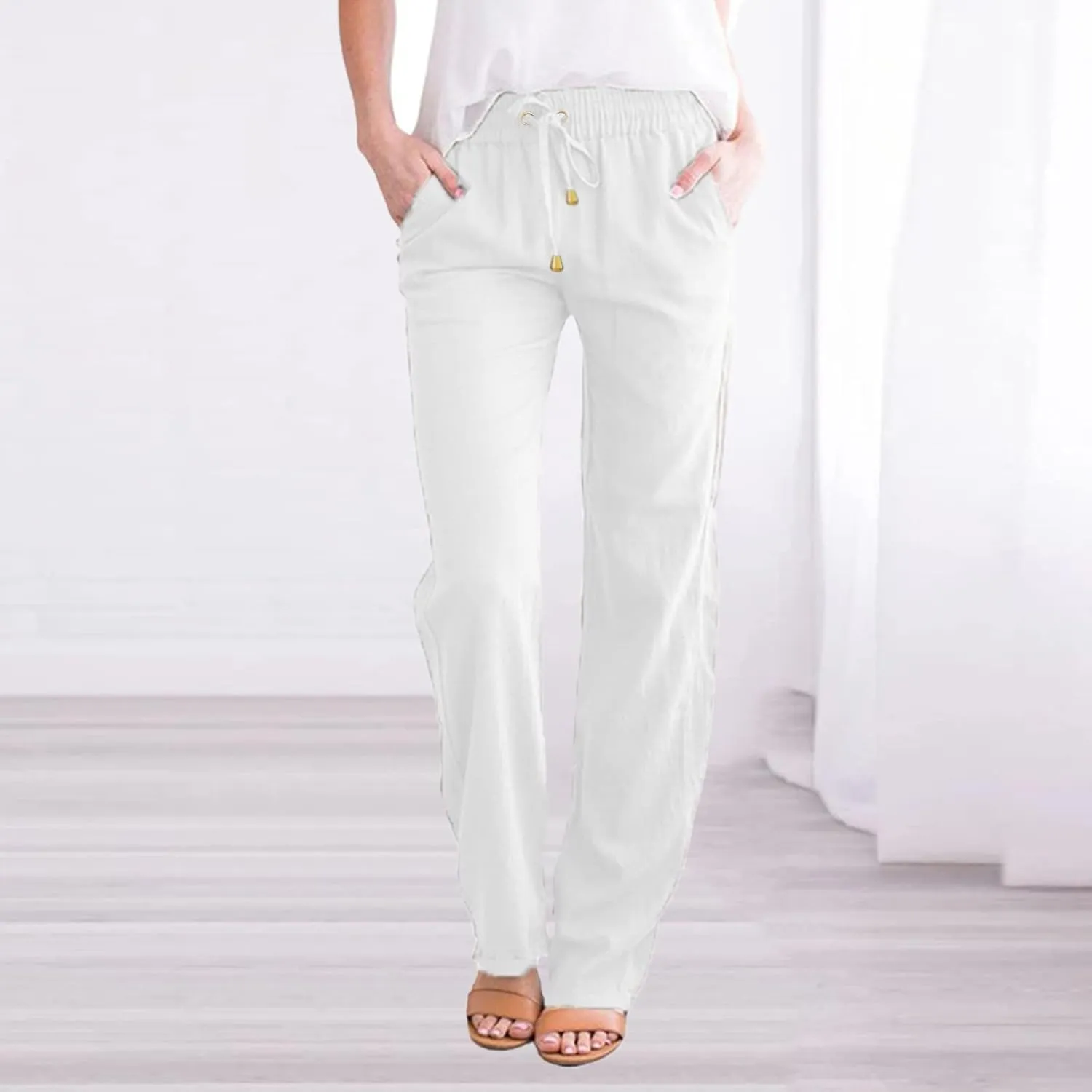Womens Linen Pants High Waisted Casual Pants Straight Leg Drawstring Pants with Pockets Summer Beach Palazzo Pants Trousers