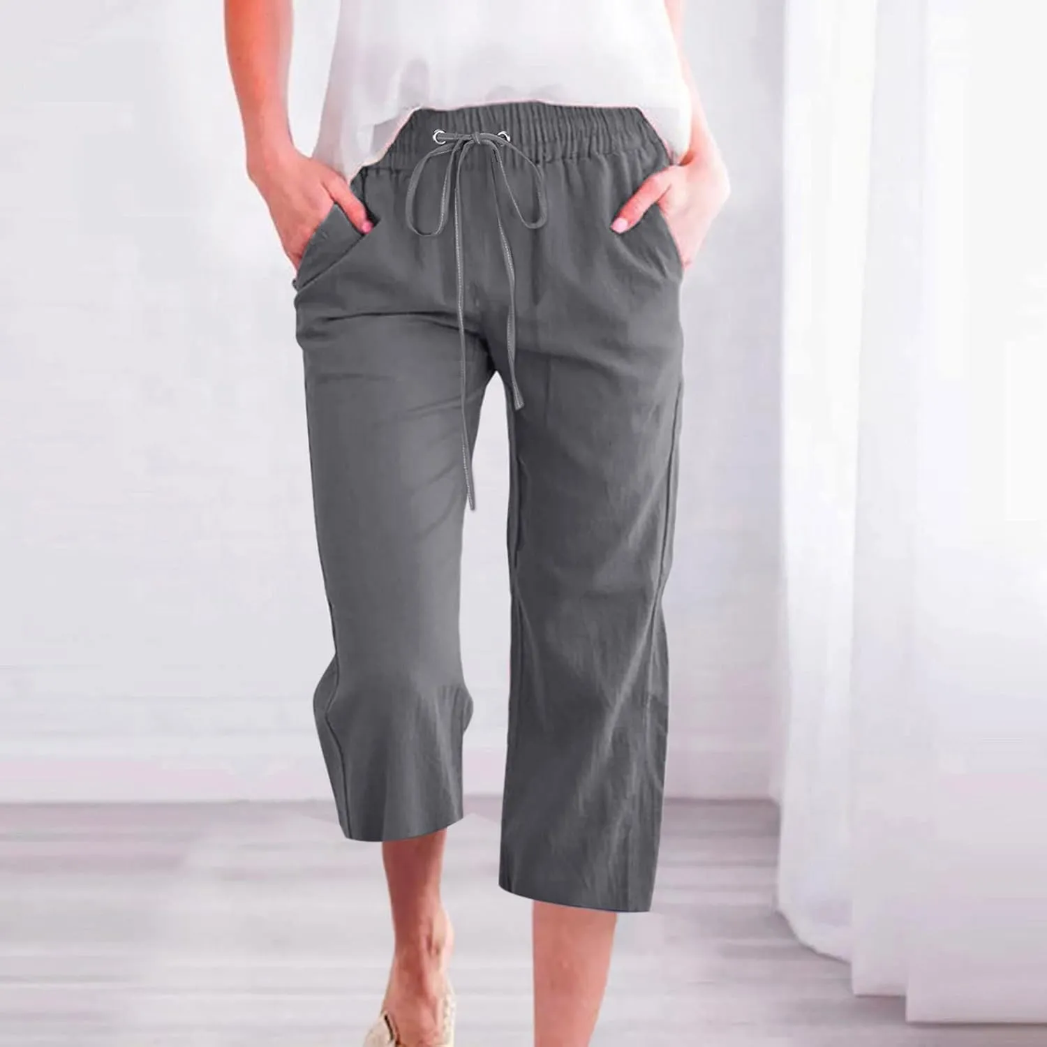 Womens Linen Pants with Pockets Palazzo Pants Casual Loose Lounge Pants Straight Leg Comfy Trousers Boho Beach Pants