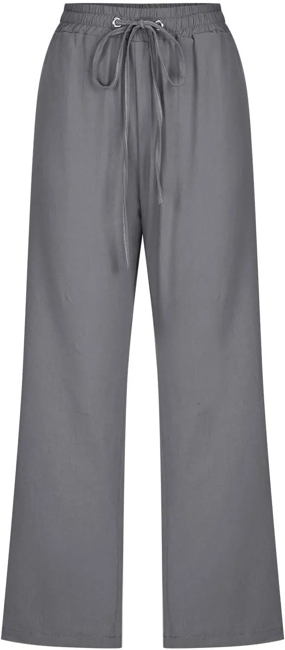 Womens Linen Pants with Pockets Palazzo Pants Casual Loose Lounge Pants Straight Leg Comfy Trousers Boho Beach Pants