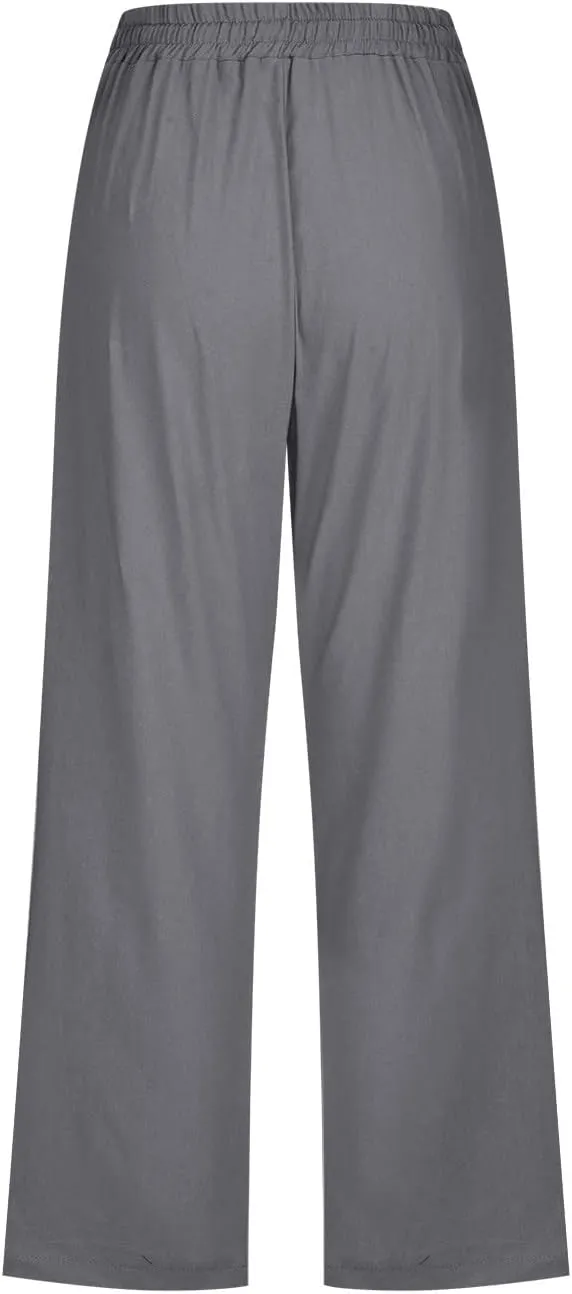 Womens Linen Pants with Pockets Palazzo Pants Casual Loose Lounge Pants Straight Leg Comfy Trousers Boho Beach Pants