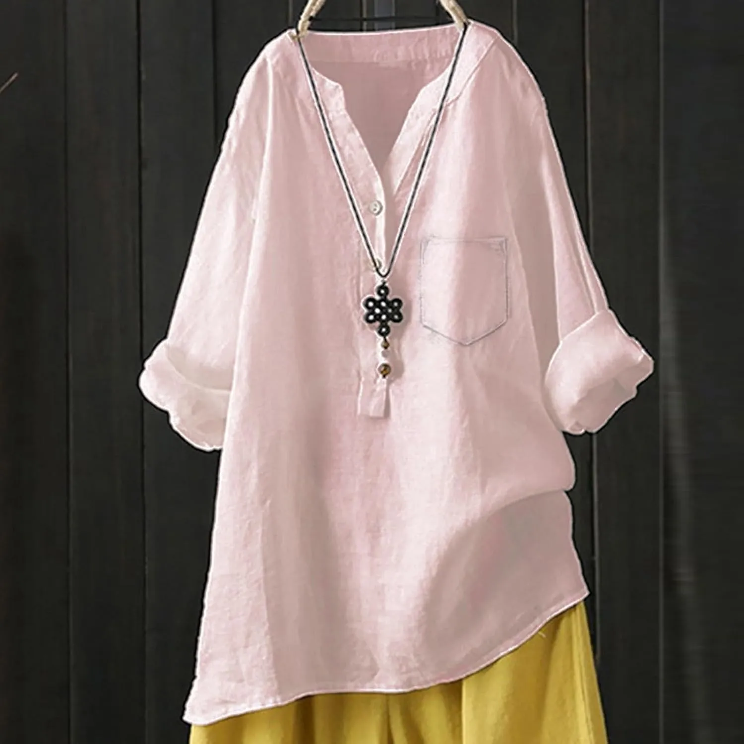 Women's Linen Shirts Summer Cotton Linen Solid Short Sleeve T Shirts Casual Loose Fit Trendy V Neck Blouses