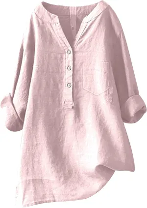 Women's Linen Shirts Summer Cotton Linen Solid Short Sleeve T Shirts Casual Loose Fit Trendy V Neck Blouses