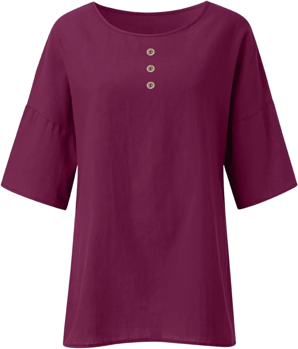 Womens Linen Shirts V-Neck Buttons Blouses Bohemian Boho Comfy Tops Short Sleeve Loose Fit Tunic Top