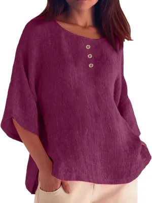 Womens Linen Shirts V-Neck Buttons Blouses Bohemian Boho Comfy Tops Short Sleeve Loose Fit Tunic Top