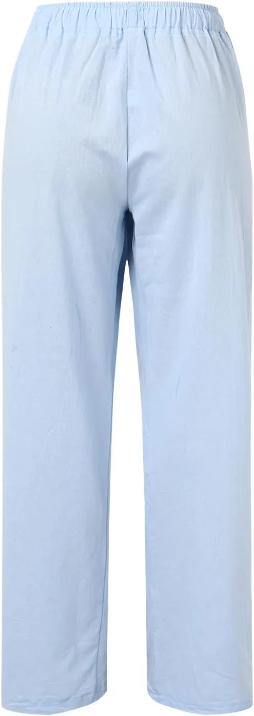 Women's Linen Summer Palazzo Pants Flowy Wide Leg Beach Pants Elastic High Waisted Button Trousers with Pocket