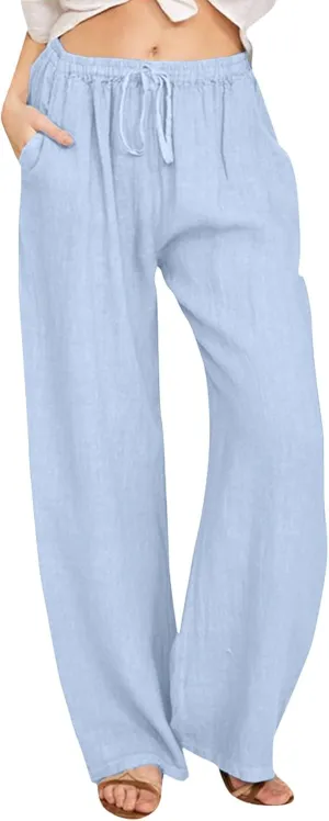 Women's Linen Summer Palazzo Pants Flowy Wide Leg Beach Pants Elastic High Waisted Button Trousers with Pocket