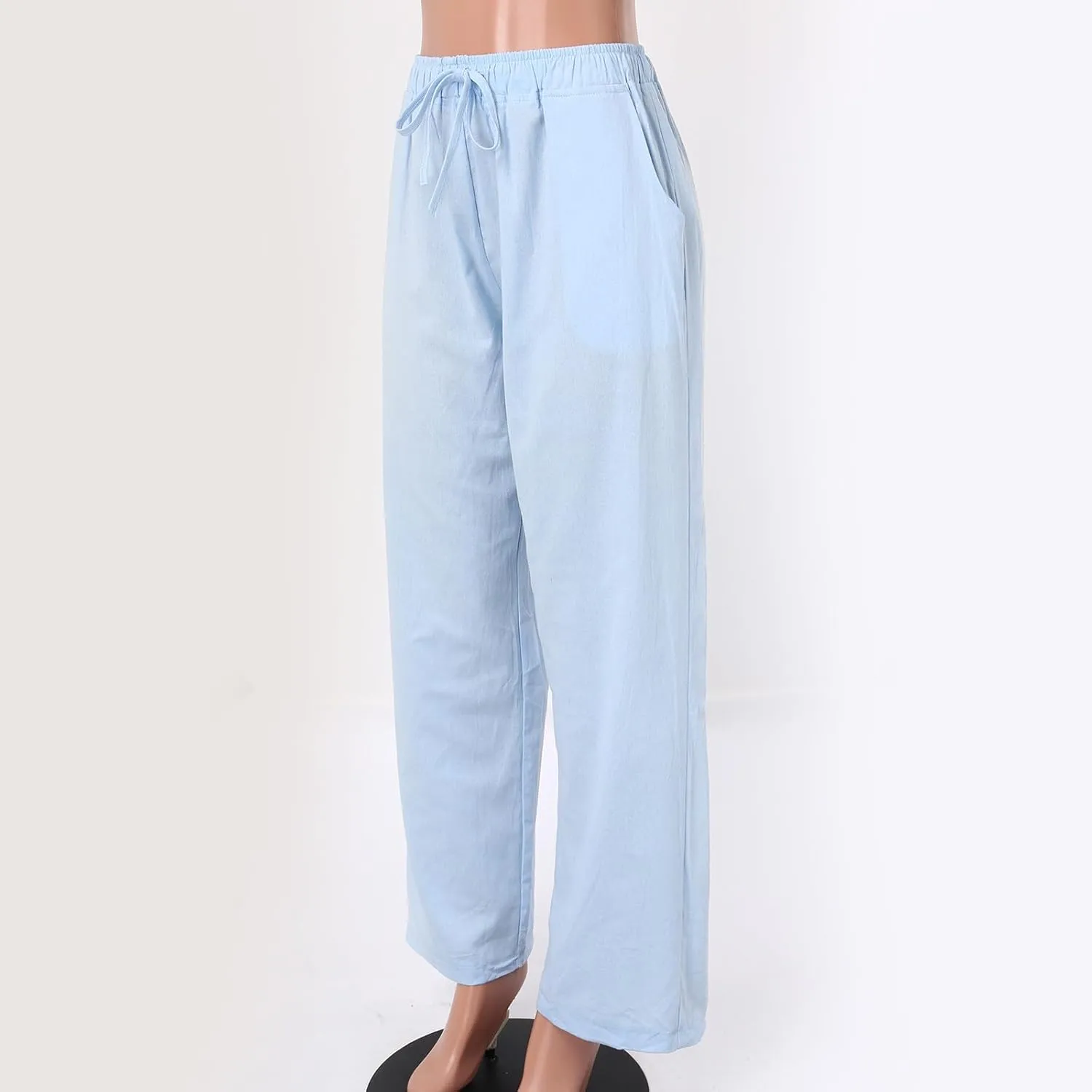 Women's Linen Summer Palazzo Pants Flowy Wide Leg Beach Pants Elastic High Waisted Button Trousers with Pocket