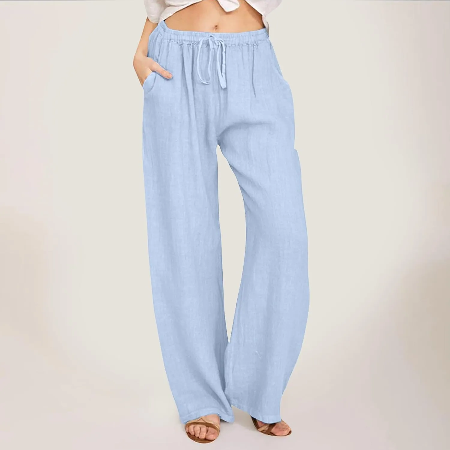 Women's Linen Summer Palazzo Pants Flowy Wide Leg Beach Pants Elastic High Waisted Button Trousers with Pocket