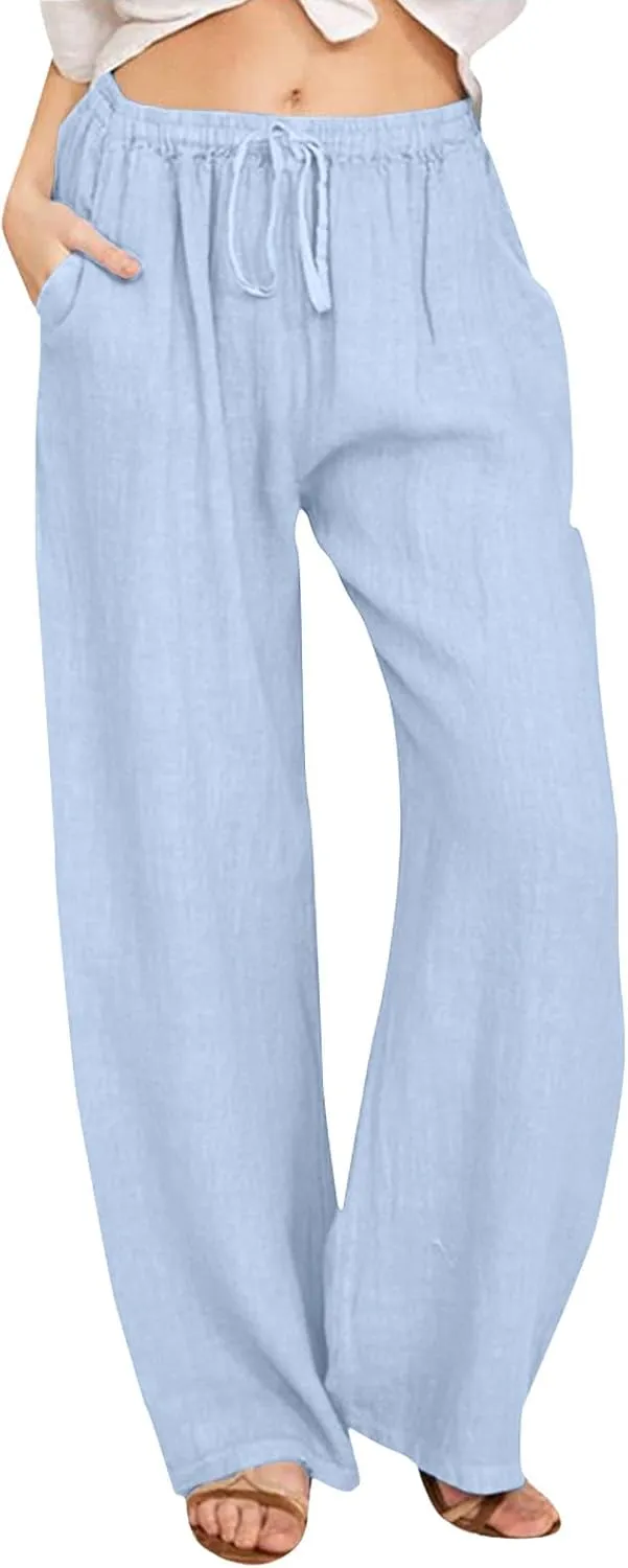 Women's Linen Summer Palazzo Pants Flowy Wide Leg Beach Pants Elastic High Waisted Button Trousers with Pocket