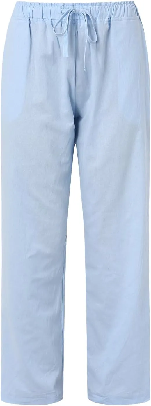 Women's Linen Summer Palazzo Pants Flowy Wide Leg Beach Pants Elastic High Waisted Button Trousers with Pocket