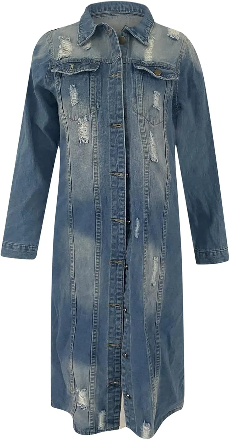 Women's Long Double Breasted Denim Jacket Oversized Button Down Maxi Jean Coat Classic Lapel Outercoat