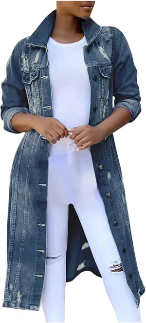 Women's Long Double Breasted Denim Jacket Oversized Button Down Maxi Jean Coat Classic Lapel Outercoat