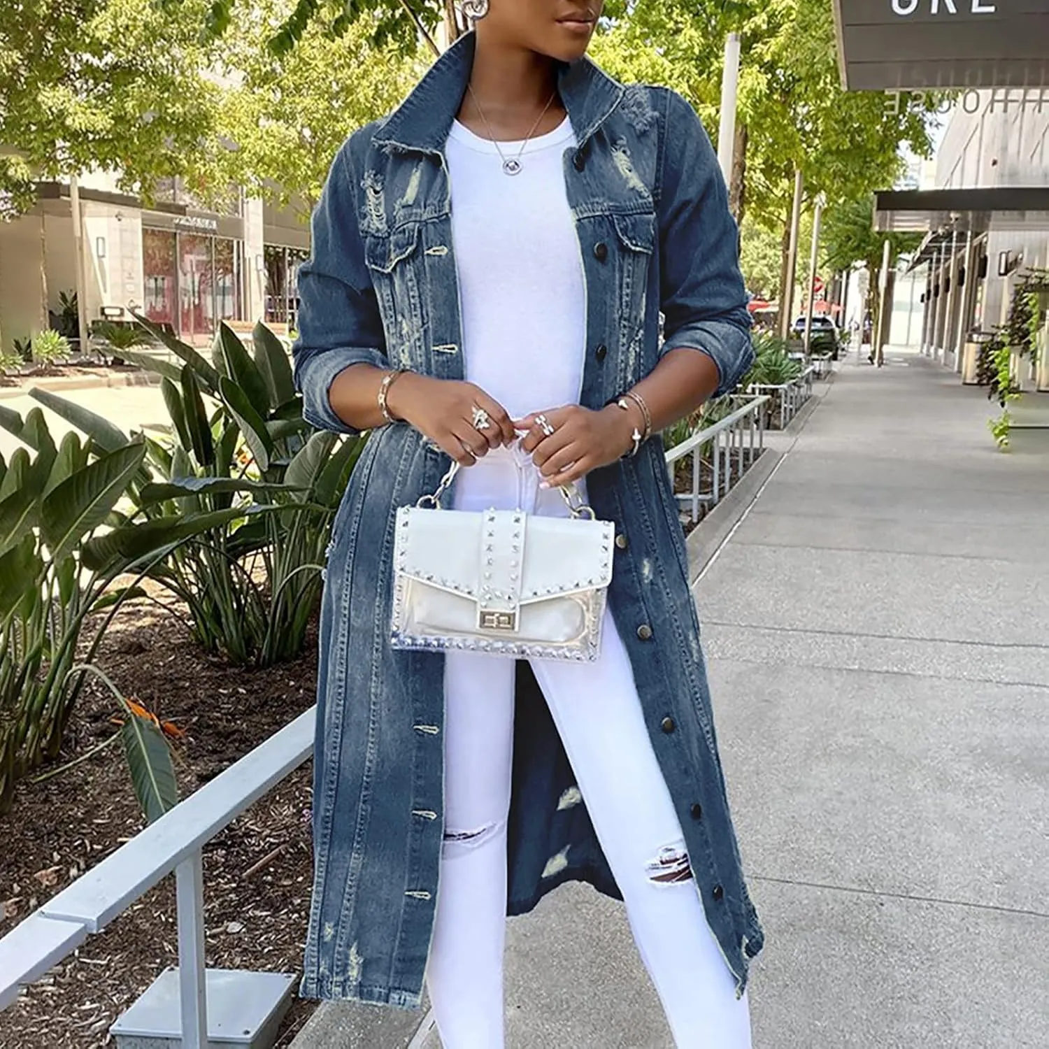 Women's Long Double Breasted Denim Jacket Oversized Button Down Maxi Jean Coat Classic Lapel Outercoat