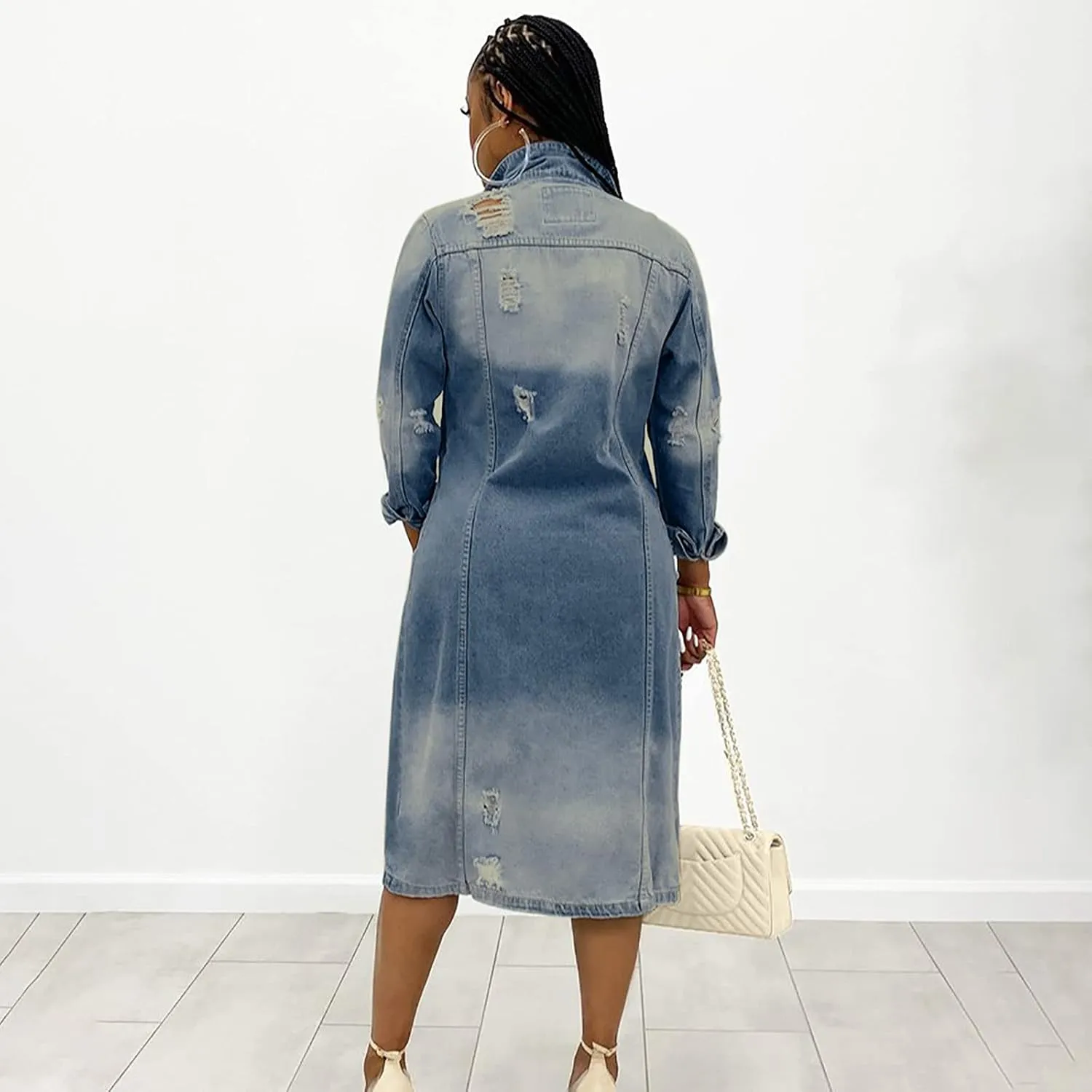 Women's Long Double Breasted Denim Jacket Oversized Button Down Maxi Jean Coat Classic Lapel Outercoat
