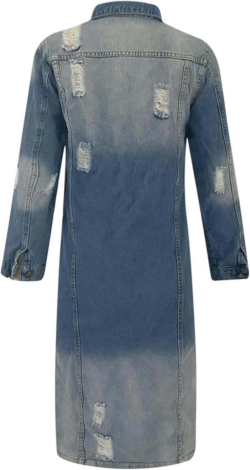 Women's Long Double Breasted Denim Jacket Oversized Button Down Maxi Jean Coat Classic Lapel Outercoat