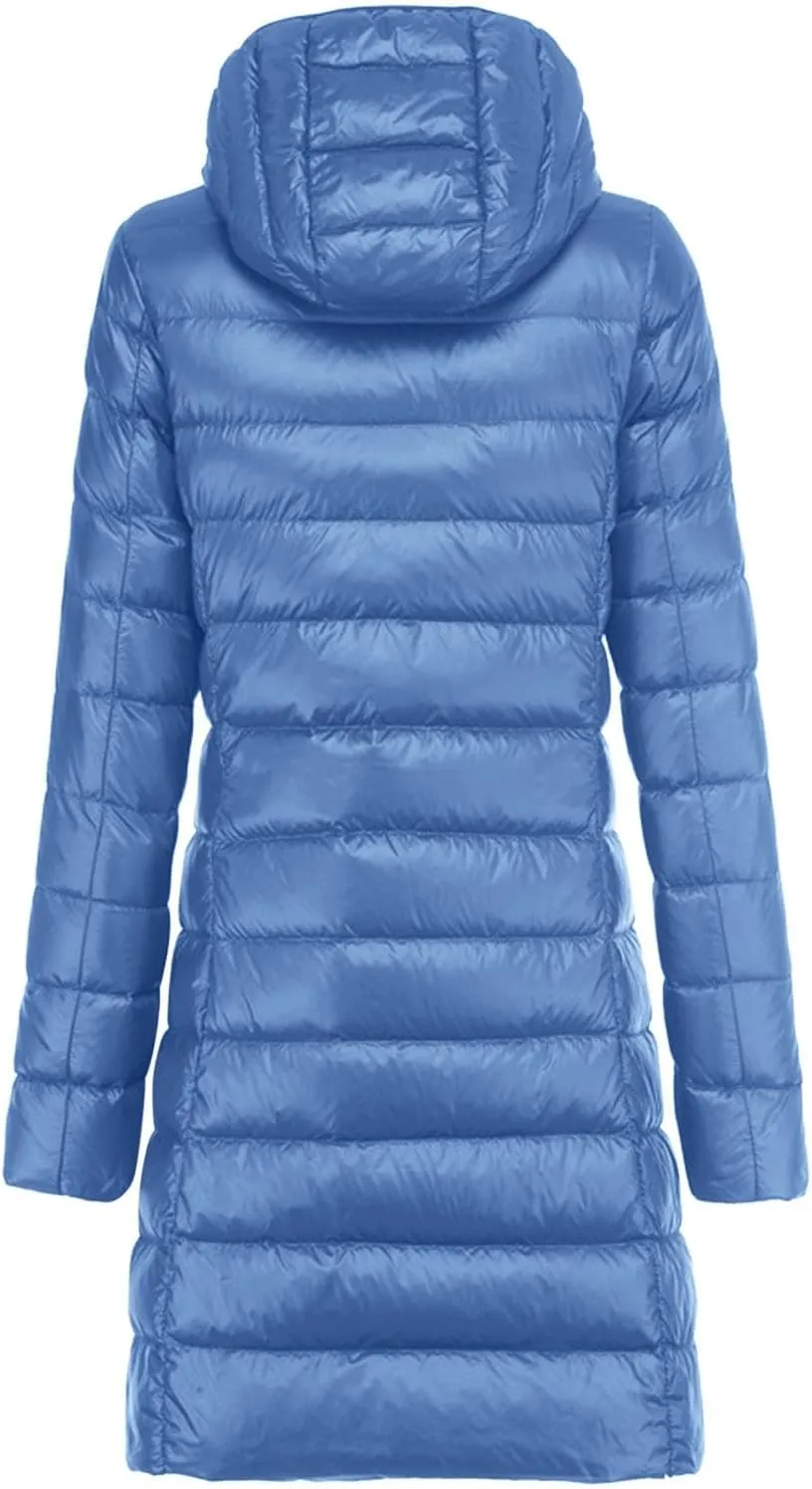 Women's Long Puffer Jacket Winter Warm Packable Down Jacket Lightweight Slim Fit Hooded Jacket Duck Down Coat