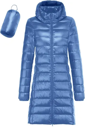 Women's Long Puffer Jacket Winter Warm Packable Down Jacket Lightweight Slim Fit Hooded Jacket Duck Down Coat