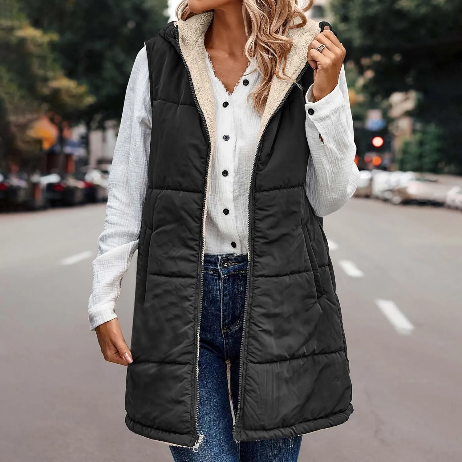 Women's Long Puffer Vest Fashion Sleeveless Hooded Jacket Winter Coats Zip Warm Outdoor Quilted Down Vest Padded Coat
