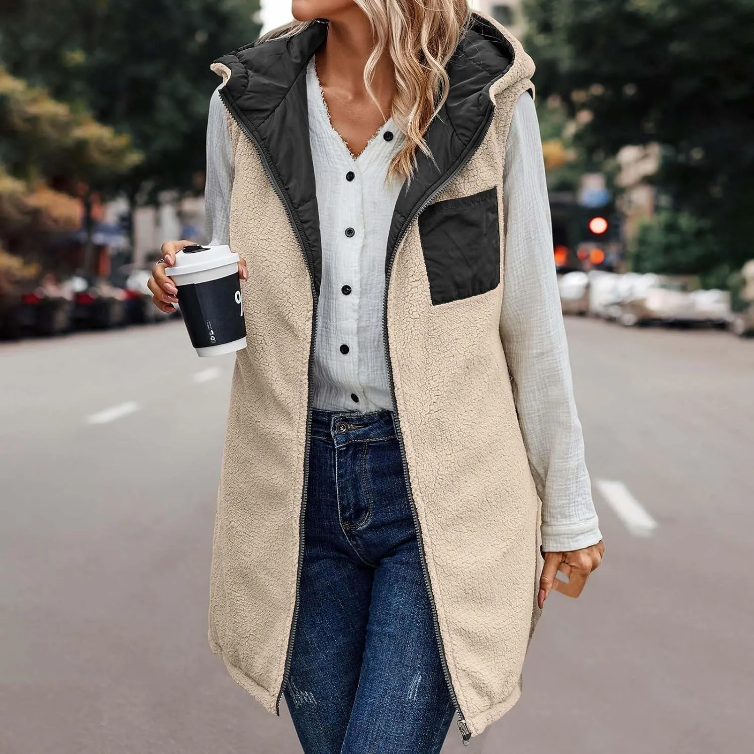 Women's Long Puffer Vest Fashion Sleeveless Hooded Jacket Winter Coats Zip Warm Outdoor Quilted Down Vest Padded Coat