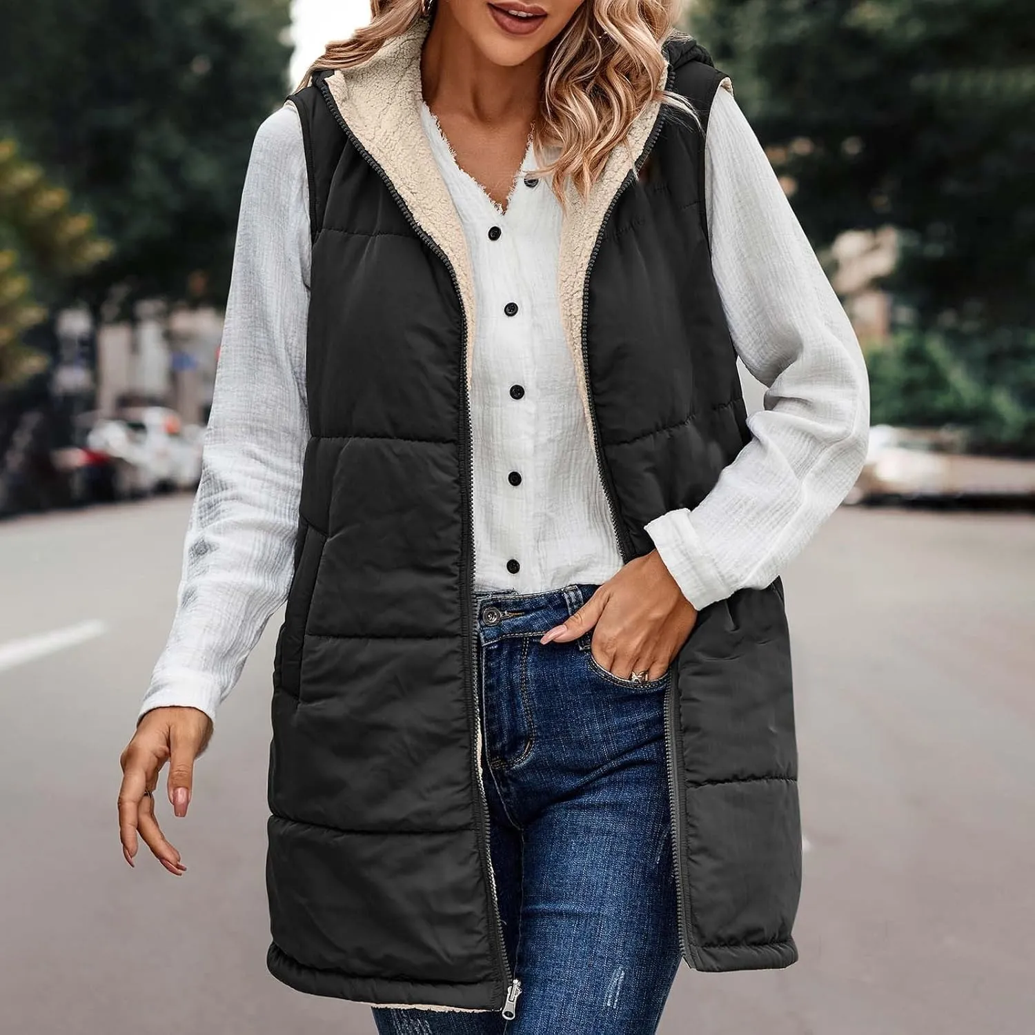 Women's Long Puffer Vest Fashion Sleeveless Hooded Jacket Winter Coats Zip Warm Outdoor Quilted Down Vest Padded Coat