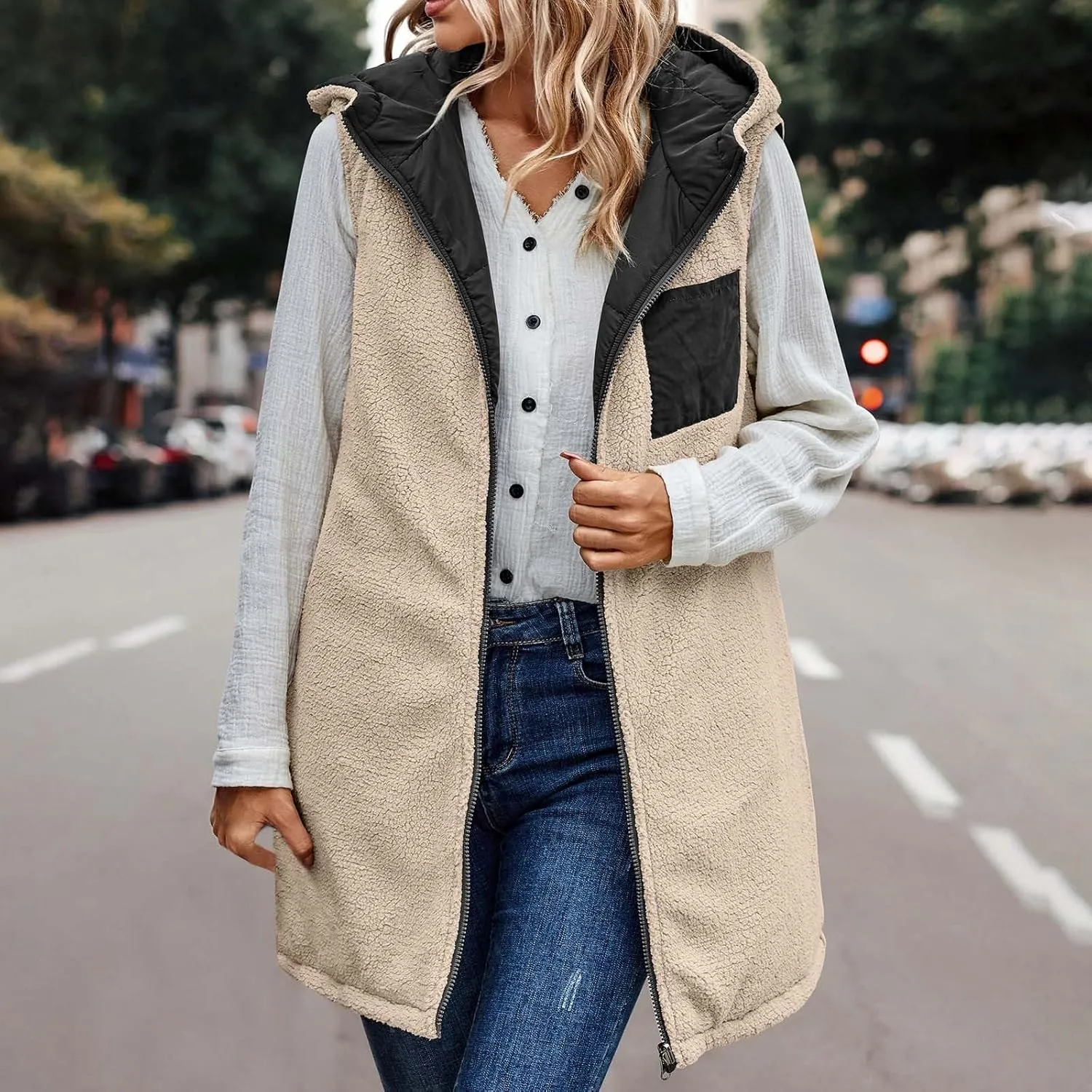 Women's Long Puffer Vest Fashion Sleeveless Hooded Jacket Winter Coats Zip Warm Outdoor Quilted Down Vest Padded Coat